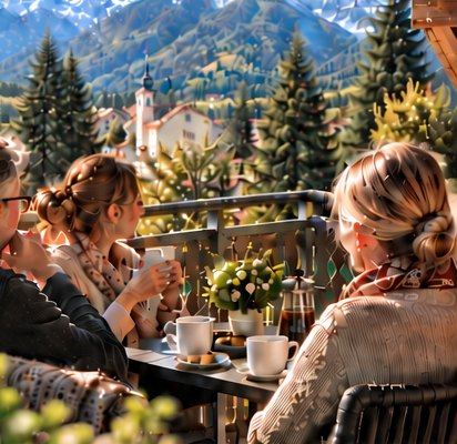 Familie auf dem Balkon mit Blick auf die Berge bei Valens